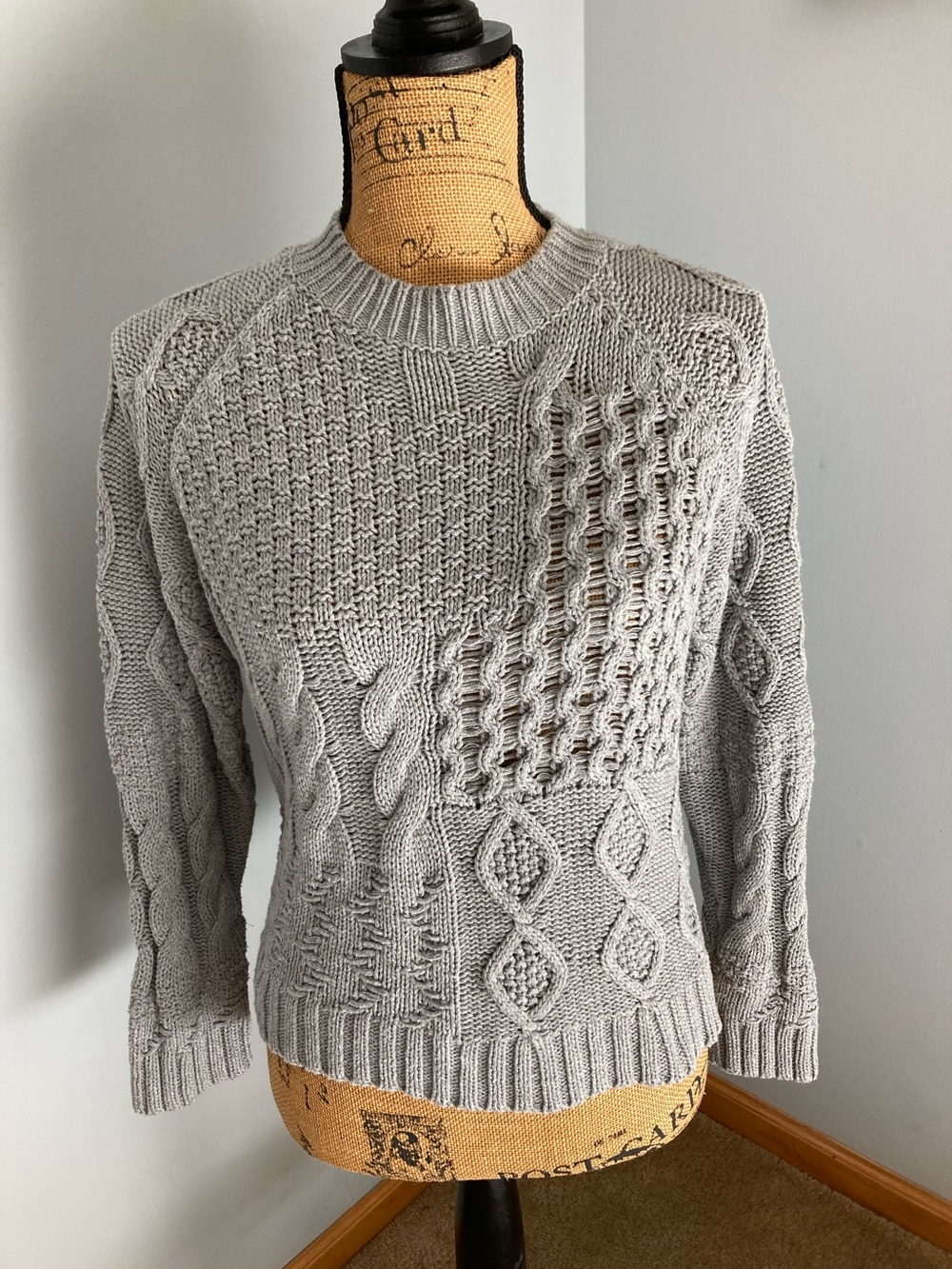 RD Style Chunky Cable Knit Crewneck Sweater - Light Gray - Women Small
